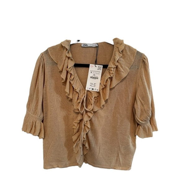 Zara Tan Ruffle Blouse with Puffed Sleeves M - Picture 3 of 5